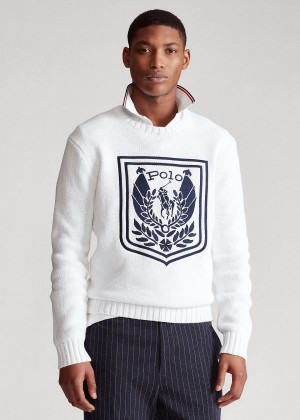 Swetry Ralph Lauren Uni Crest Sweater Męskie Białe Kolorowe | YIIT7400