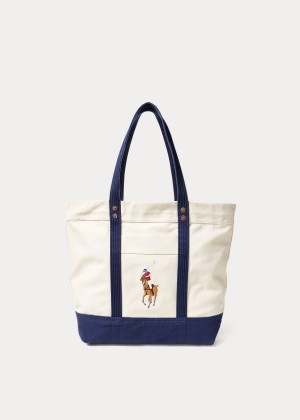 Torby Tote Ralph Lauren Canvas Big Pony Tote Damskie Kremowe Granatowe | NVIP7980