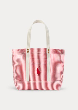 Torby Tote Ralph Lauren Canvas Striped Medium Tote Damskie Czerwone Białe | MDMI0517