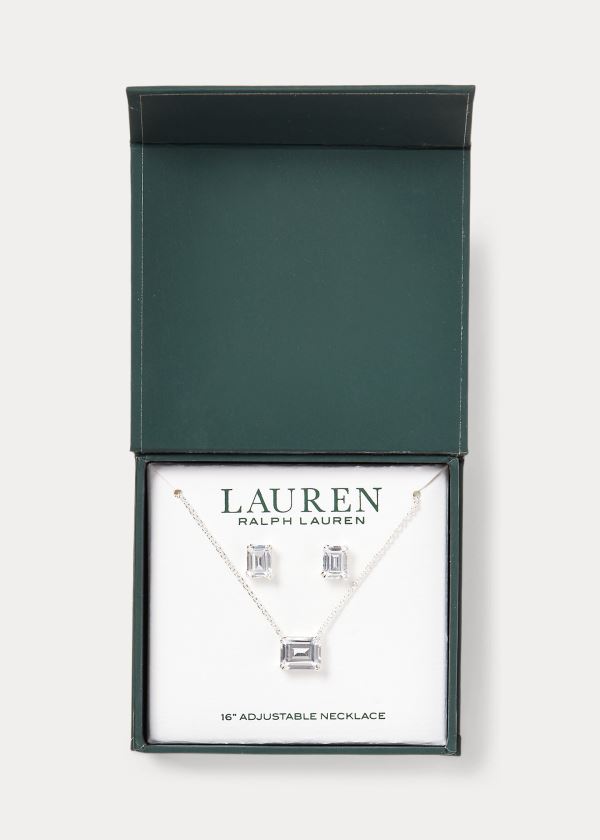 Biżuteria Ralph Lauren Emerald Necklace & Earring Set Damskie Srebrne | XZZH9110