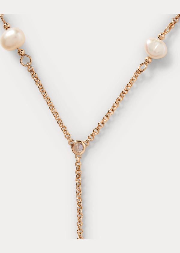 Biżuteria Ralph Lauren Gold Drop-Chain Pearl Necklace Damskie Złote | RHMM8979