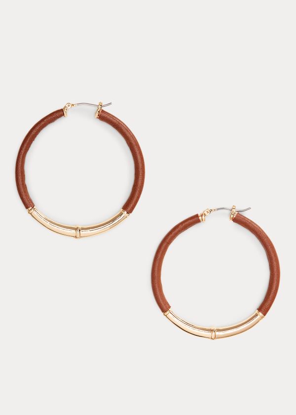 Biżuteria Ralph Lauren Leather Hoop Earrings Damskie Złote | DHTW7488