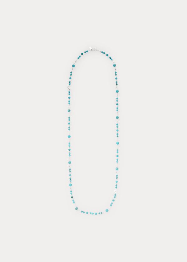 Biżuteria Ralph Lauren Turquoise-Bead Logo Necklace Damskie Srebrne | NRGT9826