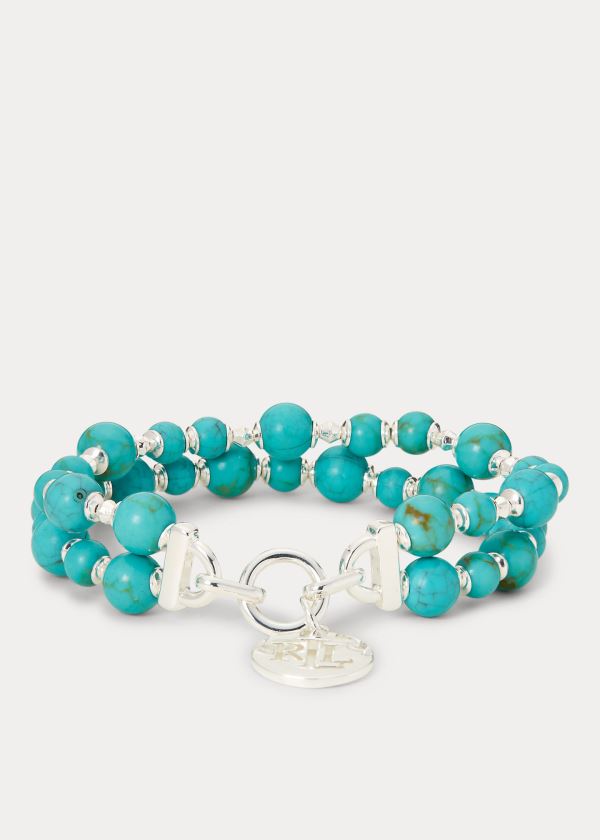 Biżuteria Ralph Lauren Turquoise-Bead Logo Bracelet Damskie Srebrne | PODA3589