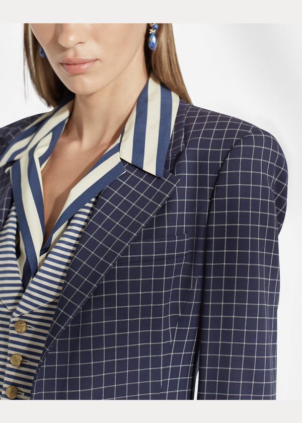 Blezery Ralph Lauren Baldwin Checked Wool Jacket Damskie Granatowe Kremowe | ILCI9783