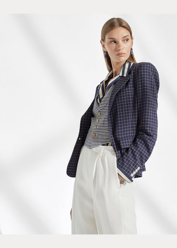 Blezery Ralph Lauren Baldwin Checked Wool Jacket Damskie Granatowe Kremowe | ILCI9783