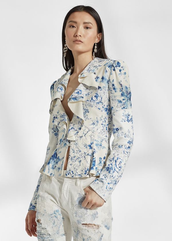 Blezery Ralph Lauren Mitchell Floral Leather Jacket Damskie Białe Niebieskie | TKMB8532