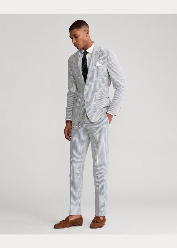 Blezery Ralph Lauren Soft Seersucker Suit Jacket Męskie Niebieskie Kremowe | AGAS4230