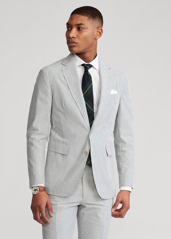 Blezery Ralph Lauren Soft Seersucker Suit Jacket Męskie Niebieskie Kremowe | AGAS4230