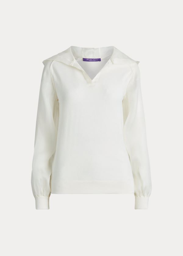 Bluza z Kapturem Ralph Lauren Silk Organza-Piqu? Hoodie Damskie Kremowe | FZEM6382