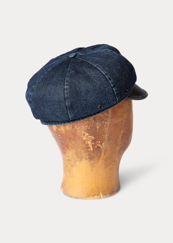 Czapki Ralph Lauren Leather-Denim Motorcycle Cap Męskie Granatowe Niebieskie | ZPHF8570