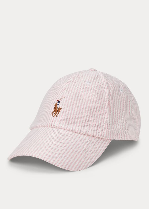 Czapki Ralph Lauren Striped Oxford Cap Męskie Różowe | SAOZ0827