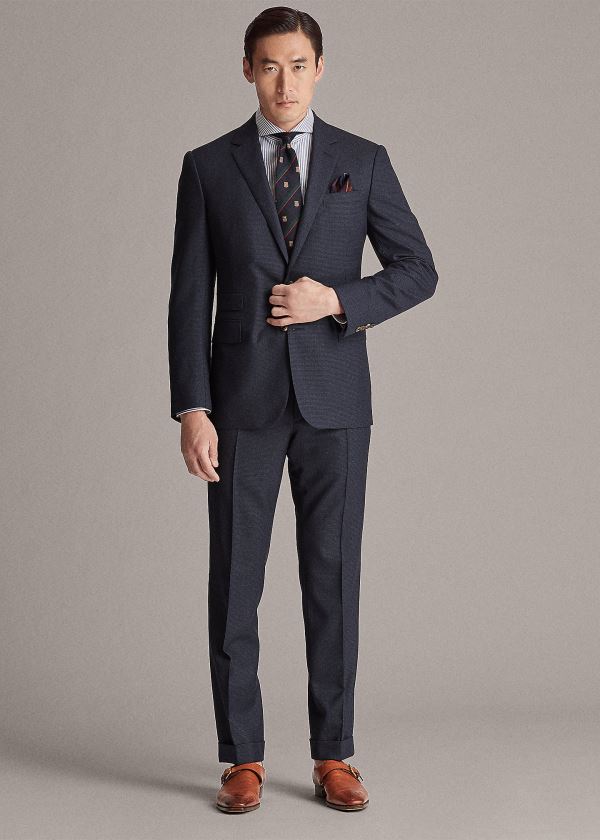 Garnitury Ralph Lauren Gregory Houndstooth Wool Suit Męskie Granatowe Czarne | IRIK6962