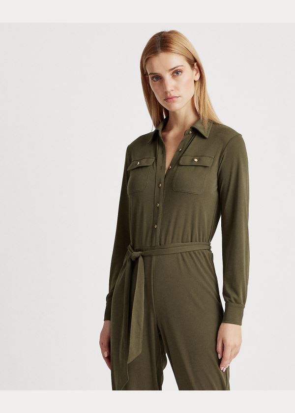 Kombinezony Długi Ralph Lauren Buttoned Jersey Jumpsuit Damskie Ciemny Oliwkowe | YWGF2916