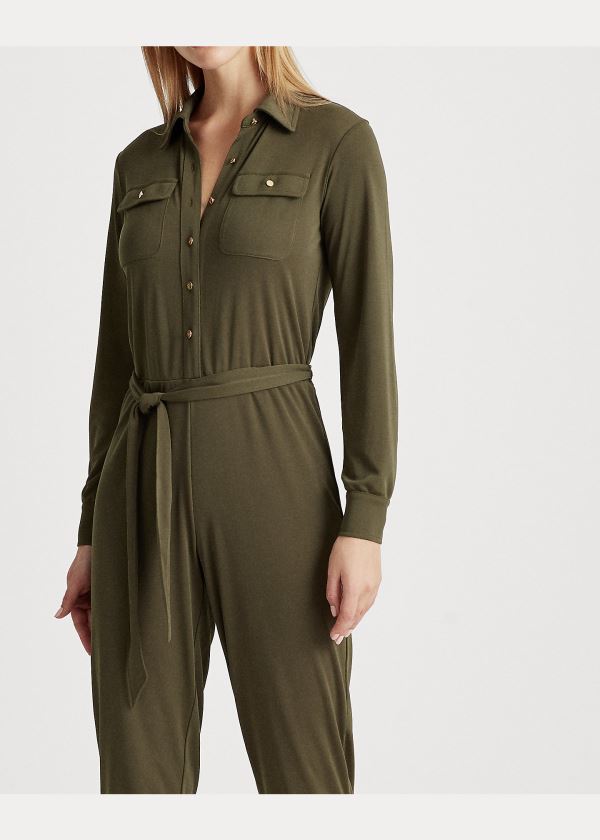 Kombinezony Długi Ralph Lauren Buttoned Jersey Jumpsuit Damskie Ciemny Oliwkowe | YWGF2916