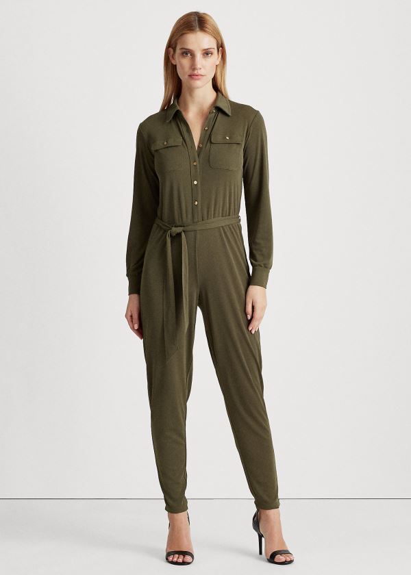 Kombinezony Długi Ralph Lauren Buttoned Jersey Jumpsuit Damskie Ciemny Oliwkowe | YWGF2916