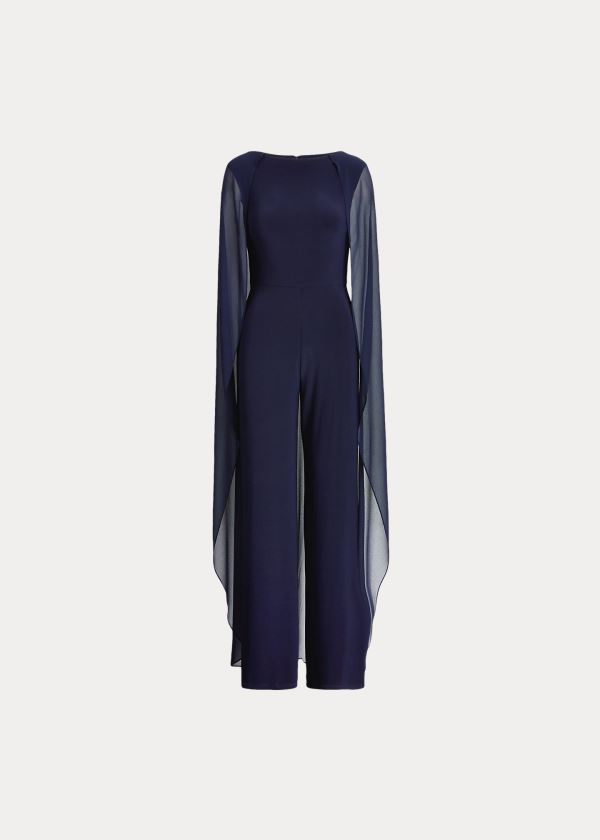 Kombinezony Długi Ralph Lauren Georgette-Cape Jumpsuit Damskie Granatowe | JKQS6823