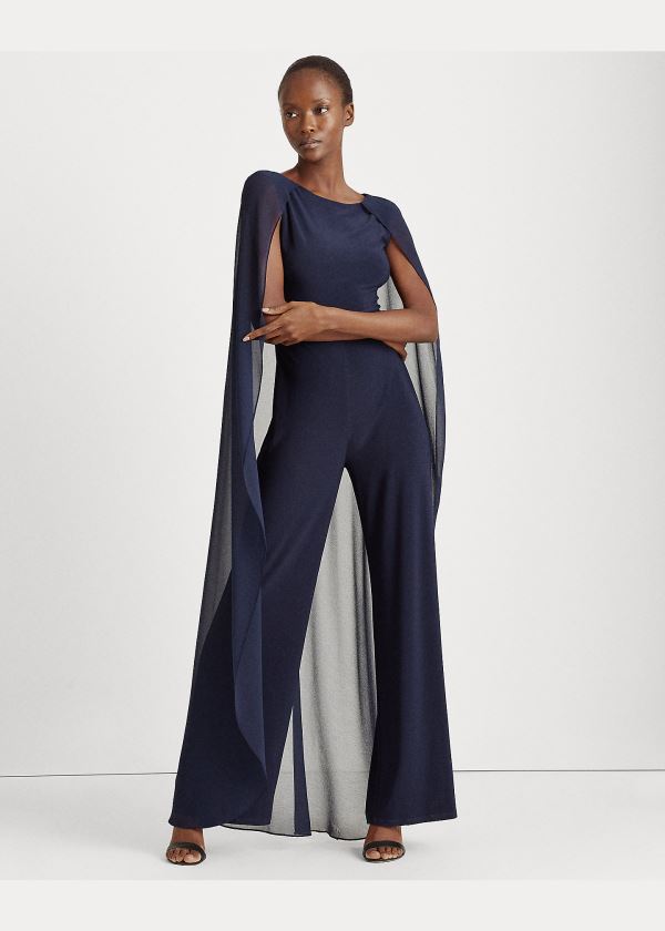 Kombinezony Długi Ralph Lauren Georgette-Cape Jumpsuit Damskie Granatowe | JKQS6823