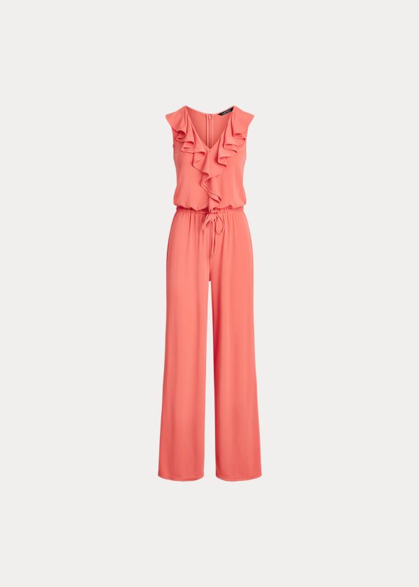 Kombinezony Długi Ralph Lauren Ruffle-Trim Jersey Jumpsuit Damskie Czerwone | DJZB2679