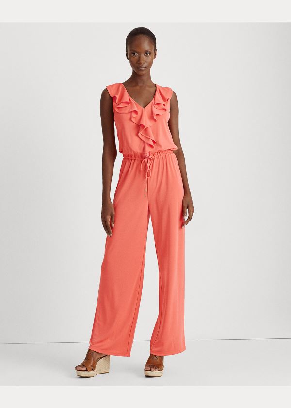 Kombinezony Długi Ralph Lauren Ruffle-Trim Jersey Jumpsuit Damskie Czerwone | DJZB2679