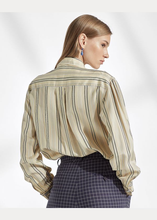 Koszule Ralph Lauren Alyssa Striped Silk Shirt Damskie Głęboka Niebieskie Kremowe | ISPZ6174