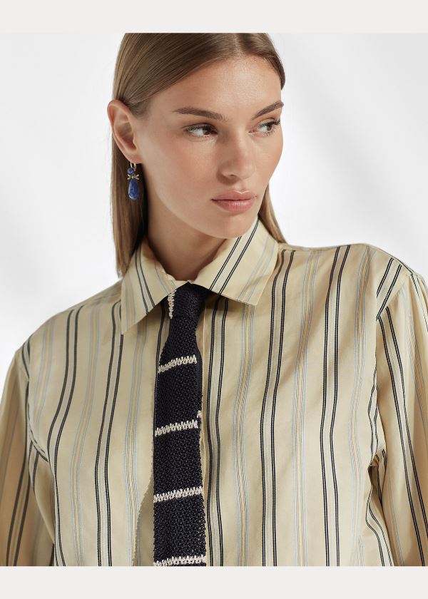 Koszule Ralph Lauren Alyssa Striped Silk Shirt Damskie Głęboka Niebieskie Kremowe | ISPZ6174