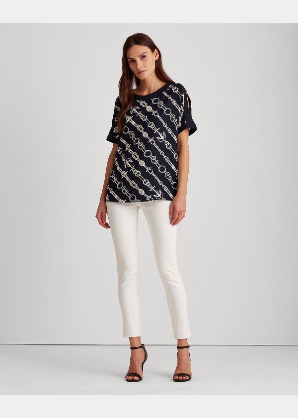 Koszule Ralph Lauren Anchor-Print Crepe Top Damskie Granatowe Kremowe | HPVC5191