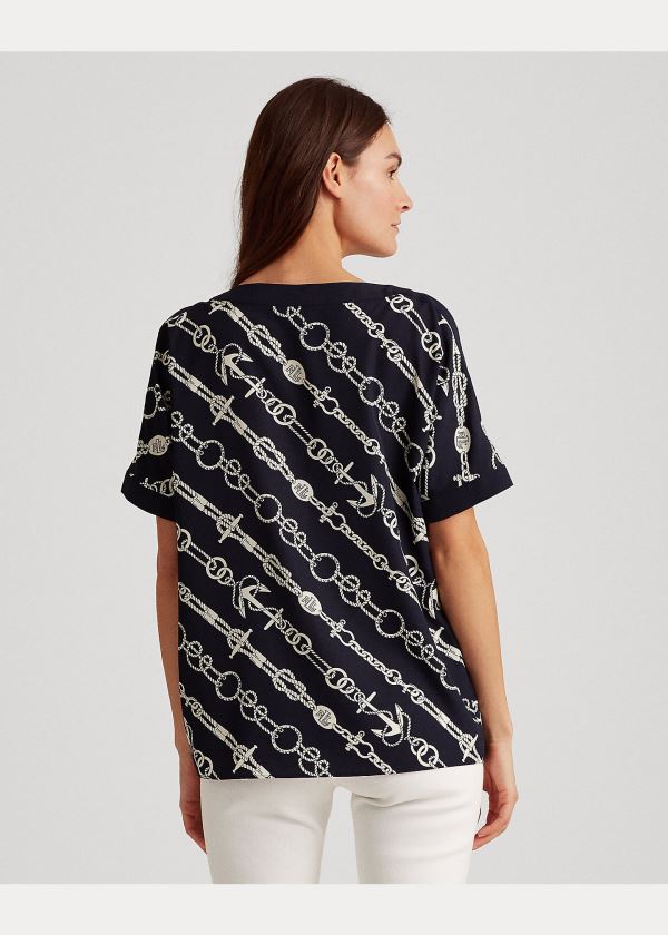 Koszule Ralph Lauren Anchor-Print Crepe Top Damskie Granatowe Kremowe | HPVC5191