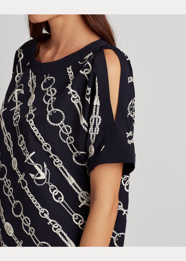 Koszule Ralph Lauren Anchor-Print Crepe Top Damskie Granatowe Kremowe | HPVC5191