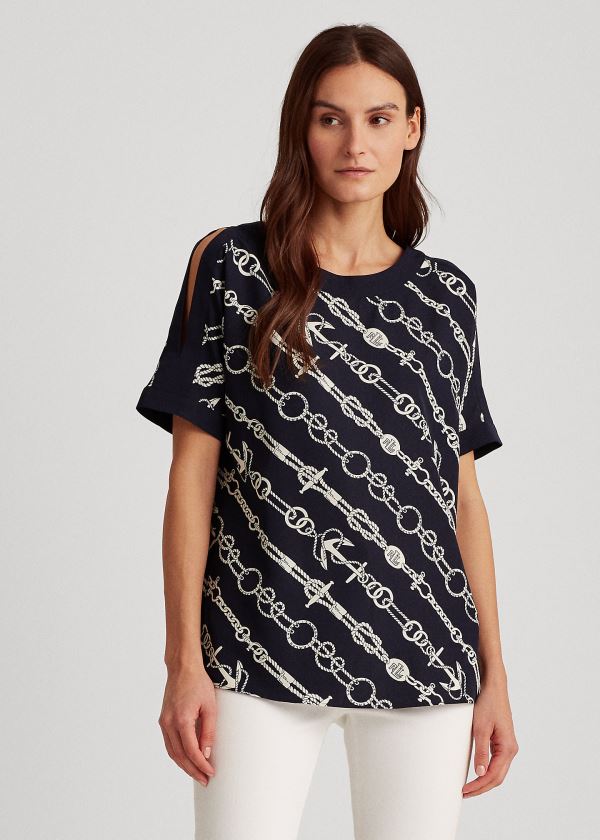 Koszule Ralph Lauren Anchor-Print Crepe Top Damskie Granatowe Kremowe | HPVC5191