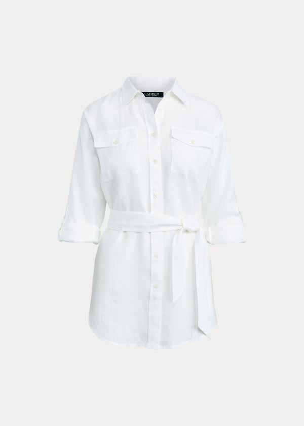 Koszule Ralph Lauren Belted Linen Shirt Damskie Białe | RWLW8020