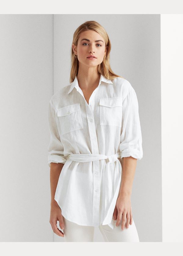 Koszule Ralph Lauren Belted Linen Shirt Damskie Białe | RWLW8020