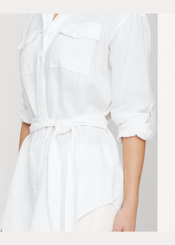 Koszule Ralph Lauren Belted Linen Shirt Damskie Białe | RWLW8020