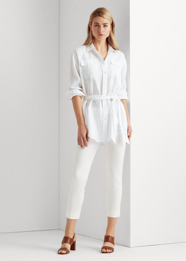 Koszule Ralph Lauren Belted Linen Shirt Damskie Białe | RWLW8020