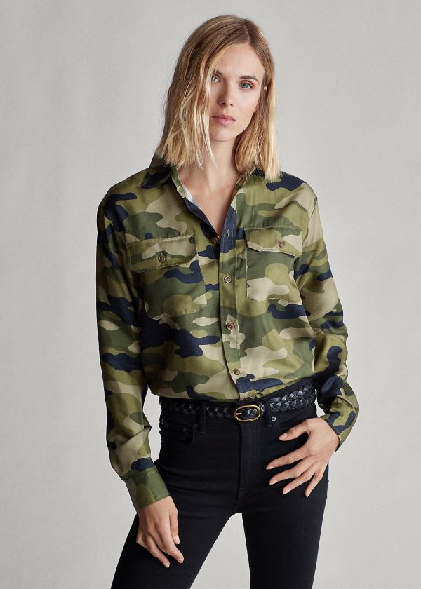 Koszule Ralph Lauren Camo Silk Shirt Damskie Camo | KOGW6698