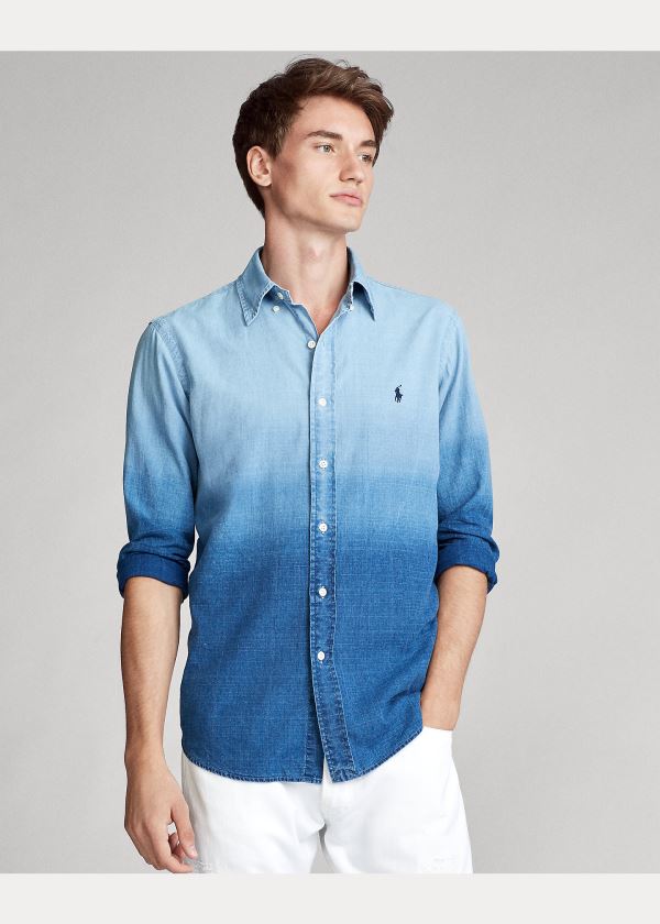 Koszule Ralph Lauren Classic Fit Dip-Dyed Shirt Męskie Niebieskie | IISI9198