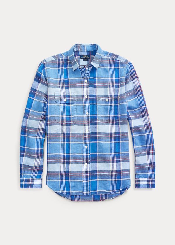 Koszule Ralph Lauren Classic Fit Plaid Linen Shirt Męskie Niebieskie Czerwone Białe Kolorowe | PORO6146