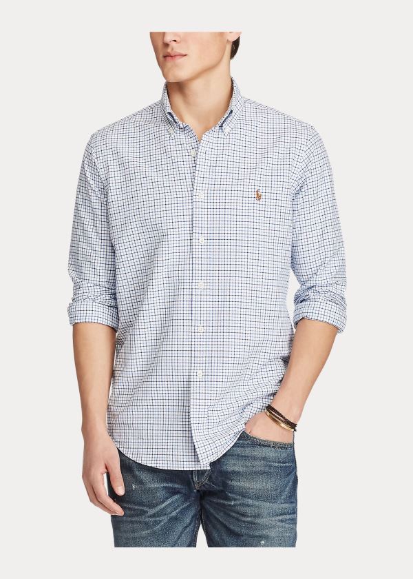 Koszule Ralph Lauren Classic Fit Plaid Oxford Shirt Męskie Niebieskie Białe Kolorowe | UQVF4350