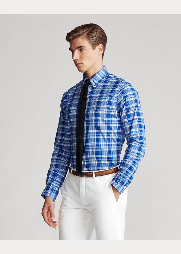 Koszule Ralph Lauren Classic Fit Plaid Poplin Shirt Męskie Niebieskie Białe Kolorowe | PPYO8479