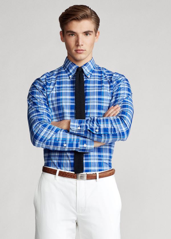 Koszule Ralph Lauren Classic Fit Plaid Poplin Shirt Męskie Niebieskie Białe Kolorowe | PPYO8479