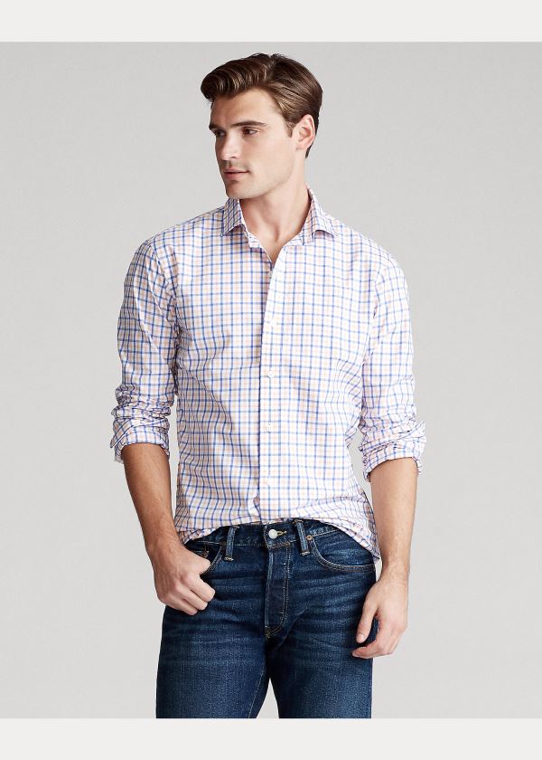 Koszule Ralph Lauren Classic Fit Plaid Poplin Shirt Męskie Pomarańczowe Niebieskie Kolorowe | ZBNR6222