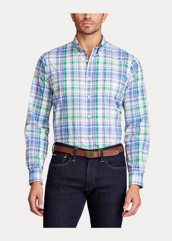 Koszule Ralph Lauren Classic Fit Plaid Poplin Shirt Męskie Niebieskie Zielone Kolorowe | LMNF6705