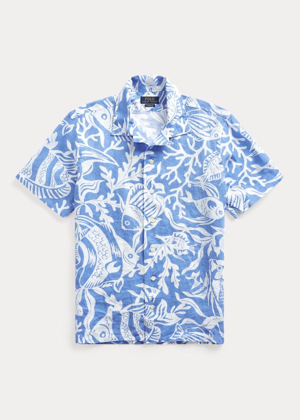 Koszule Ralph Lauren Classic Fit Print Linen Shirt Męskie Niebieskie Białe | SROC8553