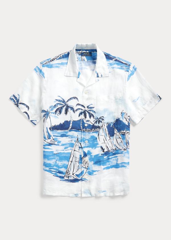 Koszule Ralph Lauren Classic Fit Print Linen Shirt Męskie Białe Kolorowe | OXKV1404