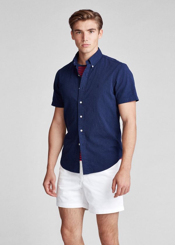 Koszule Ralph Lauren Classic Fit Seersucker Shirt Męskie Granatowe | WPPZ4460