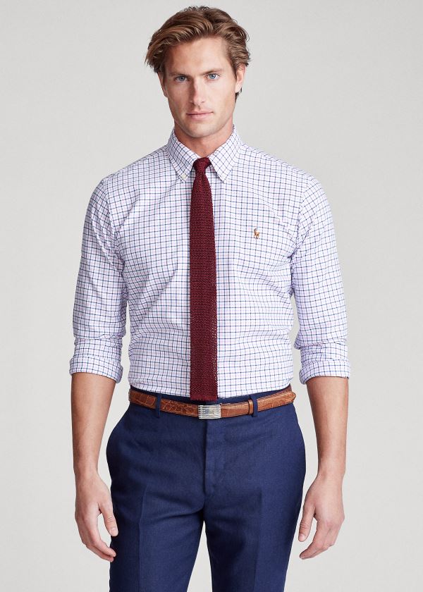 Koszule Ralph Lauren Classic Fit Tattersall Shirt Męskie Ciemny Królewski Niebieski Różowe | AXBU5118