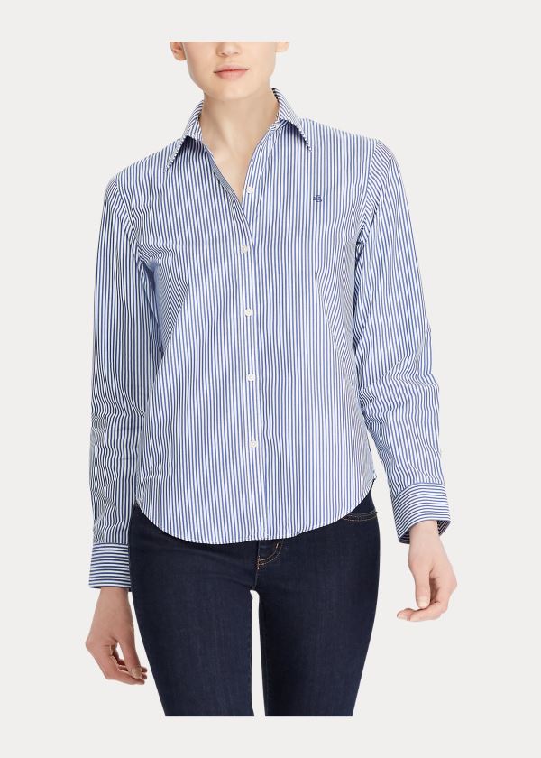 Koszule Ralph Lauren Cotton Button-Down Shirt Damskie Niebieskie Białe | AYEM1600