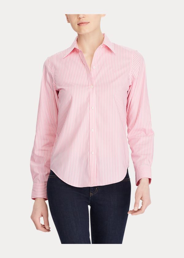 Koszule Ralph Lauren Cotton Button-Down Shirt Damskie Różowe Białe | UFKE4438