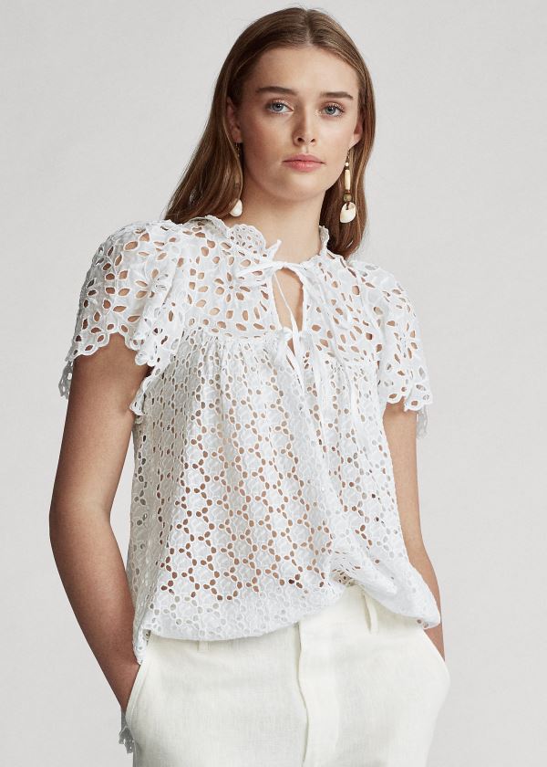 Koszule Ralph Lauren Cotton Eyelet Blouse Damskie Białe | JBDN5428