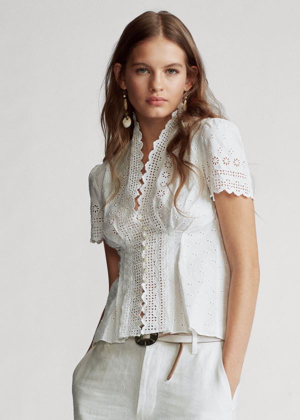 Koszule Ralph Lauren Cotton Eyelet Peplum Blouse Damskie Białe | CCKB4319